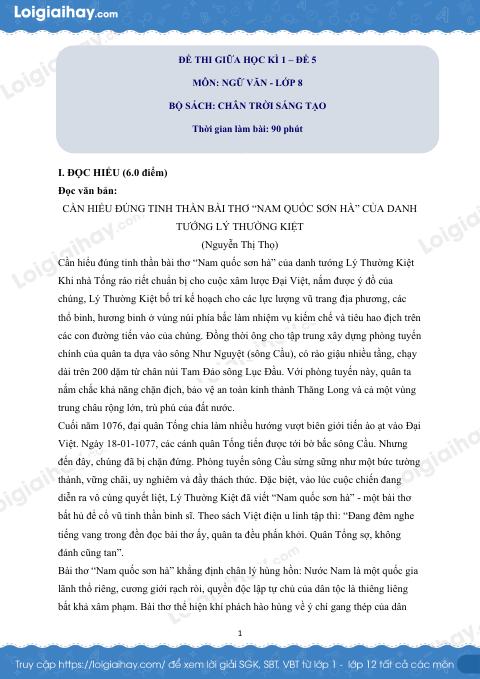 Đề thi giữa kì 1 Văn 8 Chân trời sáng tạo - Đề số 5